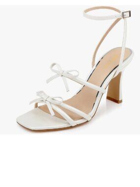 Wansseny White Women Chunky High Heel Open Toe Bows Ankle Strap Buckle Sandals
